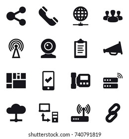 16 vector icon set : share, phone, globe connect, group, antenna, web cam, clipboard, loudspeaker, mobile checking, intercome