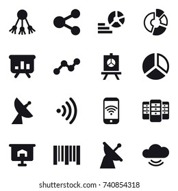 16 vector icon set : share, diagram, circle diagram, presentation, graph, satellite antenna, wireless, phone wireless, server