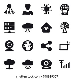 16 vector icon set : share, woman, chip, notebook globe, server, cloud wireless, wireless home, antenna, web cam