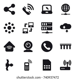 16 vector icon set : share, call, notebook, globe connect, round around, notebook connect, server, cloude service, wireless home, web cam, phone, bridge