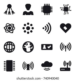 16 vector icon set : share, woman, chip, atom, round around, wireless, check in