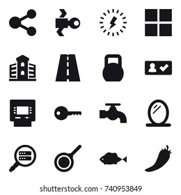 16 vector icon set : share, satellite, lightning, window, building, check in, atm, key, water tap, mirror, pan, hot pepper