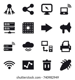 16 vector icon set : share, monitor arrow, notebook wireless, server, cpu, right arrow, loudspeaker, trash bin, bug