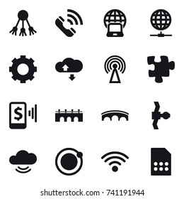 16 vector icon set : share, call, notebook globe, globe connect, gear, cloude service, antenna, puzzle, mobile pay, bridge