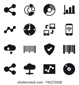 16 vector icon set : share, circle diagram, graph, clock, notebook connect, phone wireless, cloude service, barcode
