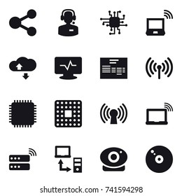 16 vector icon set : share, call center, chip, notebook wireless, cloude service, wireless