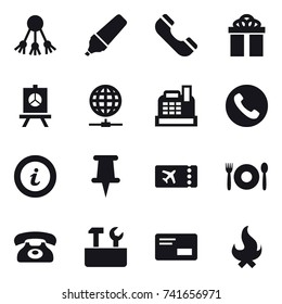 16 vector icon set : share, marker, phone, gift, presentation, globe connect, cashbox, info, ticket, cafe, repair tools, fire
