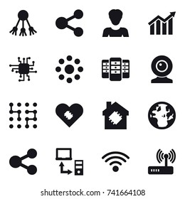 16 vector icon set : share, woman, diagram, chip, round around, server, web cam, smart house