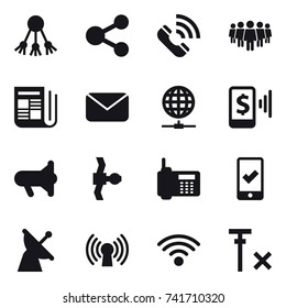 16 vector icon set : share, call, team, newspaper, mail, globe connect, mobile pay, megafon, mobile checking