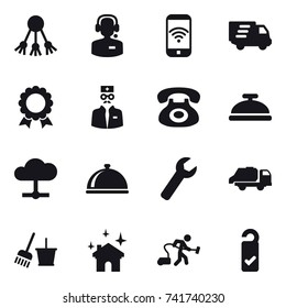 16 vector icon set : share, call center, phone wireless, delivery, medal, service bell, wrench, trash truck, bucket and broom, house cleaning, vacuum cleaner, please clean