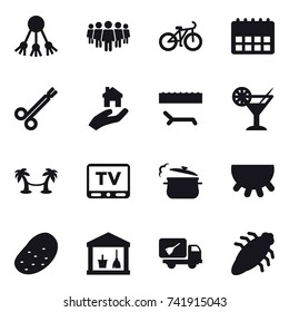 16 vector icon set : share, team, bike, real estate, lounger, cocktail, palm hammock, tv, steam pan, udder, potato, utility room, home call cleaning, bug