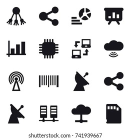 16 vector icon set : share, diagram, presentation, graph, chip, notebook connect, cloud wireless, antenna, barcode, satellite antenna