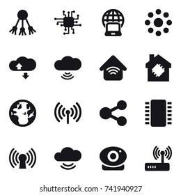 16 vector icon set : share, chip, notebook globe, round around, cloude service, cloud wireless, wireless home, smart house, wireless