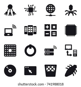 16 vector icon set : share, chip, globe connect, virus, notebook wireless, server, calculator, trash bin, bug