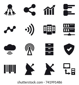 16 vector icon set : share, diagram, graph, wireless, server, cloud wireless, antenna, satellite antenna