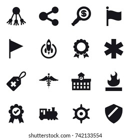 16 vector icon set : share, dollar magnifier, flag, rocket, medal, university, train, hand wheel