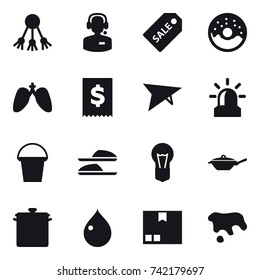16 vector icon set : share, call center, sale label, donut, deltaplane, alarm, bucket, slippers, pan, drop, package, spot