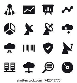 16 vector icon set : share, statistic, presentation, graph, diagram, satellite antenna, cloude service, cloud wireless, barcode