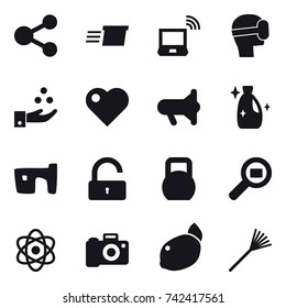 16 vector icon set : share, delivery, notebook wireless, virtual mask, chamical industry, heart, megafon, cleanser, slum, unlock, rake