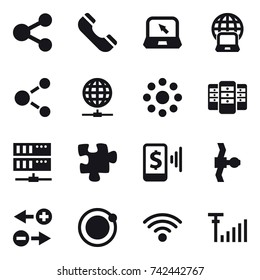 16 vector icon set : share, phone, notebook, notebook globe, molecule, globe connect, round around, server, puzzle, mobile pay