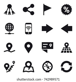 16 vector icon set : share, flag, percent, globe connect, phone wireless, right arrow, left arrow, map, compass, reload