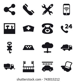 16 vector icon set : share, phone, pencil wrench, phone wireless, tools, taxi, trash truck, sweeper, skyscapers cleaning, car wash, floor washing