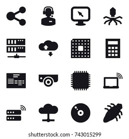 16 vector icon set : share, call center, monitor arrow, virus, server, cloude service, cpu, calculator, surveillance camera, bug
