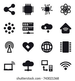 16 vector icon set : share, chip, atom, round around, server, cloude service, wireless home, antenna