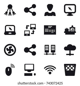 16 vector icon set : share, woman, monitor arrow, notebook, notebook connect, baggage checking, cooler fan, trash bin