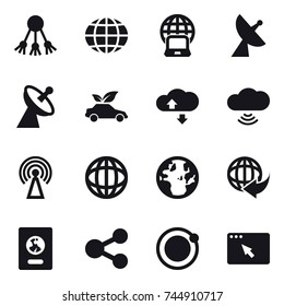 16 vector icon set : share, globe, notebook globe, satellite antenna, eco car, cloude service, cloud wireless, antenna, passport