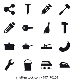 16 vector icon set : share, nail, pencil, key, broom, pan, saute pan, soil cutter, eggplant, wrench, bucket, brush, iron