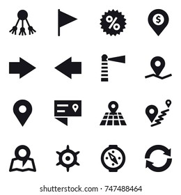 16 vector icon set : share, flag, percent, dollar pin, right arrow, left arrow, lighthouse, map, handwheel, compass, reload