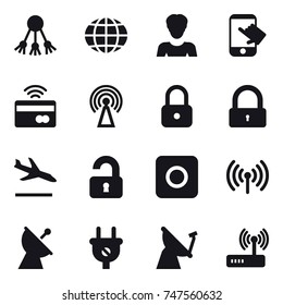 16 vector icon set : share, globe, woman, touch, tap to pay, antenna, lock, arrival, unlocked, ring button, wireless, satellite antenna