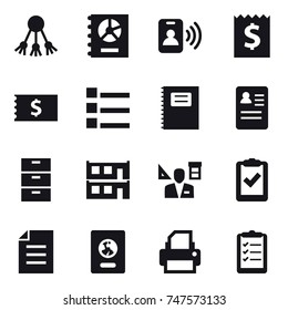16 vector icon set : share, annual report, pass card, receipt, list, copybook, modular house, architecture, passport, clipboard list
