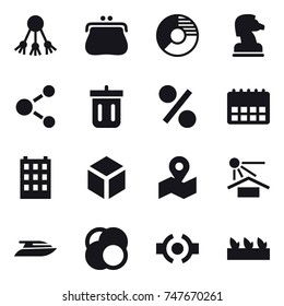 16 vector icon set : share, purse, circle diagram, chess horse, molecule, bin, percent, building, 3d, yacht, seedling