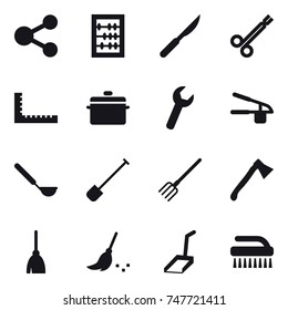 16 vector icon set : share, abacus, ruler, pan, garlic clasp, ladle, shovel, fork, axe, broom, scoop, brush