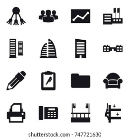 16 vector icon set : share, group, statistic, store, skyscrapers, skyscraper, school, pencil, armchair, skyscapers cleaning, skyscrapers cleaning