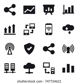16 vector icon set : share, statistic, presentation, graph, graph up, notebook connect, phone wireless, cloude service, antenna