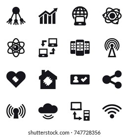16 vector icon set : share, diagram, notebook globe, atom, notebook connect, server, antenna, smart house, check in