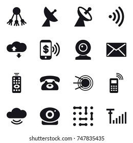 16 vector icon set : share, satellite antenna, wireless, cloude service, phone pay, web cam, mail, remote control, phone