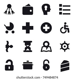 16 vector icon set : share, wallet, bulb head, list, baby stroller, map, handwheel, unlocked, pan