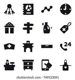 16 vector icon set : share, annual report, graph, clock, gift, singlepost, cleanser, arch, level, reception, nightstand, apron