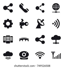 16 vector icon set : share, phone, molecule, globe connect, gear, satellite, satellite antenna, wireless, server, bridge