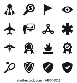 16 vector icon set : share, dollar magnifier, flag, eye, plane, presentation, spinner, medal, tennis, shield