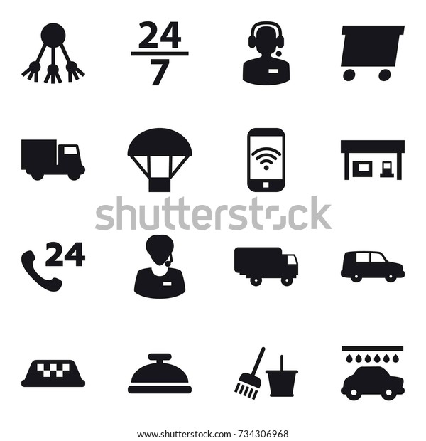 16 vector icon set : share, 24/7,\
call center, delivery, truck, parachute, phone wireless, gas\
station, taxi, service bell, bucket and broom, car\
wash