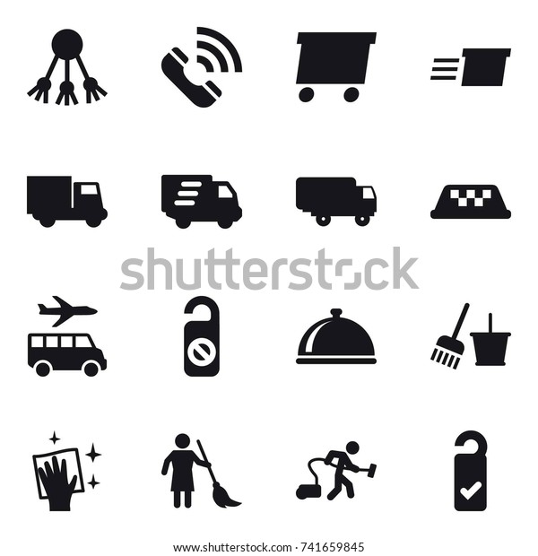 16 vector icon set : share, call, delivery,\
truck, taxi, transfer, do not distrub, bucket and broom, wiping,\
brooming, vacuum cleaner, please\
clean