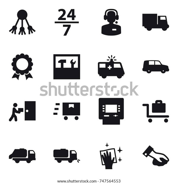 16 vector icon\
set : share, 24/7, call center, truck, medal, tools, atm, baggage\
trolley, trash truck,\
wiping