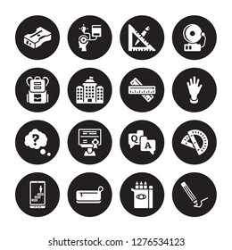 16 vector icon set : Sharpener, Pencil box, case, Progress, Protractor, Pencil, School bag, Question, Ruler isolated on black background