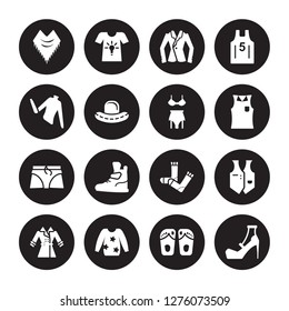 16 vector icon set : Shawl, Sandals, Sweatshirt, Trench Coat, Waistcoat, High heel, Turtleneck, Boxers, Lingerie isolated on black background