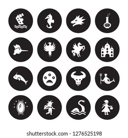 16 vector icon set : Shipwreck, Loch ness monster, Madre monte, Magic mirror, Merman, Little  riding hood, Pinocchio, Narwhal, Pegasus isolated on black background